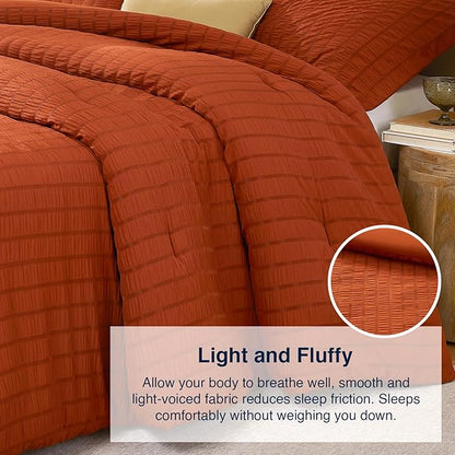 Terracotta Oversized Queen Comforter Set - 3 Pieces Seersucker Lightweight Bedding Comforter Sets (1 Soft Fluffy Comforter & 2 Pillowcases) - All Seasons Cozy Modern Bed Sets for Women Men