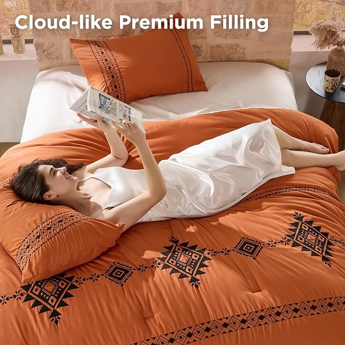 Embroidered Boho Comforter Set Full Size, 3-Piece Western Shabby Chic Bedding Set - Fluffy Ultra Soft Microfiber with Intricate Design, Includes Comforter & 2 Pillowcases, Pumpkin(82"x86")