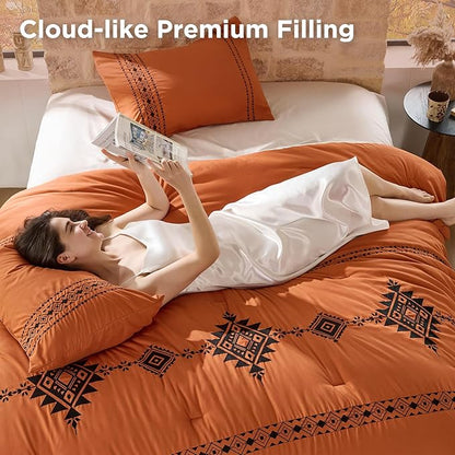 Embroidered Boho Comforter Set Full Size, 3-Piece Western Shabby Chic Bedding Set - Fluffy Ultra Soft Microfiber with Intricate Design, Includes Comforter & 2 Pillowcases, Pumpkin(82"x86")