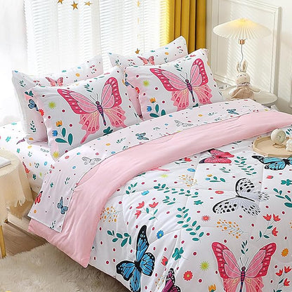 Butterfly Comforter Set Twin Size for Girls Kids Teens 7 Piece Bed in A Bag Colorful Butterflies Flower Leaves Bedding Set All Season Lightweight