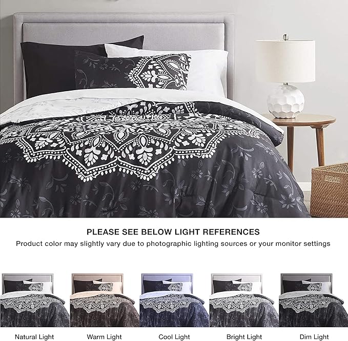 Comfort Spaces Bed in A Bag - Trendy Casual Design Cozy Comforter with Complete Sheet Set with Side Pocket, All Season Cover, Matching Shams, Twin XL (66 in x 90 in), Ava Medallion Black 6 Piece
