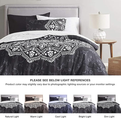 Comfort Spaces Bed in A Bag - Trendy Casual Design Cozy Comforter with Complete Sheet Set with Side Pocket, All Season Cover, Matching Shams, Twin XL (66 in x 90 in), Ava Medallion Black 6 Piece
