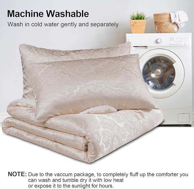 Jacquard Comforter Set - Luxury Warm Paisley Floral Pattern Queen Size Bedding with 2 Pillowcases All-Season Soft & Lightweight 3D Bubble Design Bed Set (90x90 Inches Rose Gold)