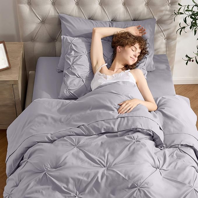 Nestl Twin XL Comforter Set 5 Piece - Pintuck Twin XL Bedding Set Grey Lavender, College Dorm Essentials Bed in a Bag, Twin XL Comforter Set for College Girls and Boys with Sheets, Pillowcase and Sham
