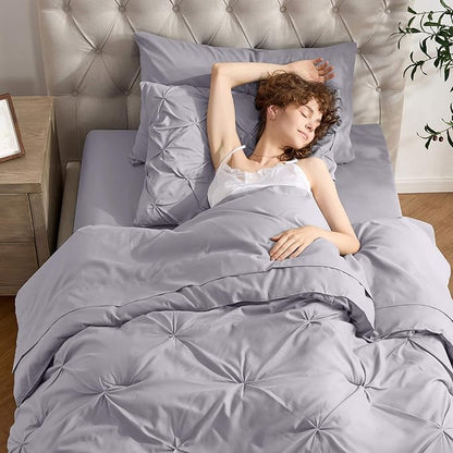 Nestl Twin XL Comforter Set 5 Piece - Pintuck Twin XL Bedding Set Grey Lavender, College Dorm Essentials Bed in a Bag, Twin XL Comforter Set for College Girls and Boys with Sheets, Pillowcase and Sham