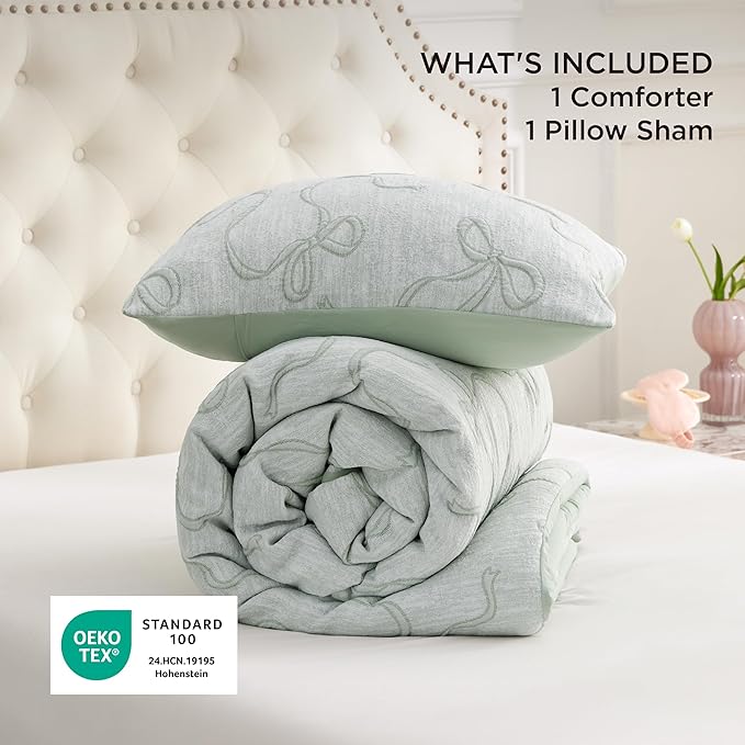 Bedsure Twin/Twin XL Comforter, GentleSoft™ 2 Pieces Bow Cute Bedding Green Room Decor Aesthetic, Twin/Twin XL Bedding Gifts for Her, 1 Bed Green Comforter, 1 Pillow Shams, 68x88 Inches