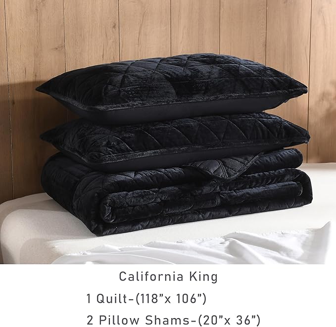 Homzard Velvet California King Size Quilt, Black Comforter Set Bedding Set (118”*106”) with 2 Pillow Shams, Patchwork Bedspread Set, All Season Bedding Coverlet 3 Piece