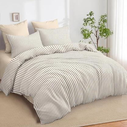 Nayoroom Striped Comforter Set Queen Size Brown Tan Stripe Comforter 3 Pieces Girls Soft Lightweight Pinstripe Dorm Bedding Set for All Seasons