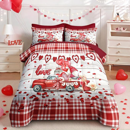 Nesker 7 Pcs Valentine's Day Comforter Set Queen Size, Romantic Heart Truck Bedding Set for Kids and Adults, Sweet Love Gnomes Sheets Bed Sheet Sets with Fitted Sheet 2 Pillowcases & 2 Shams