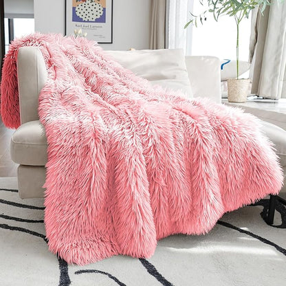 JONIYEAR Extra Large Decorative Fluffy Faux Fur Blanket Queen Size 80" x 90", Soft Luxury Lightweight Furry Blankets, Solid Cozy Shaggy Plush Thick Warm Fuzzy Blankets for Winter Bed Couch, Pink
