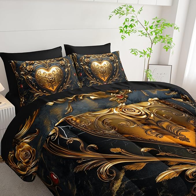 Black and Gold Heart Comforter Set Queen Size Bed 7 Piece，Heart Bedding Set Queen Black，Heart Themed Bedroom Decor，(1 Comforter, 1 Flat Sheet, 1 Fitted Sheet, 2 Pillowcase and 2 Pillow Sham)