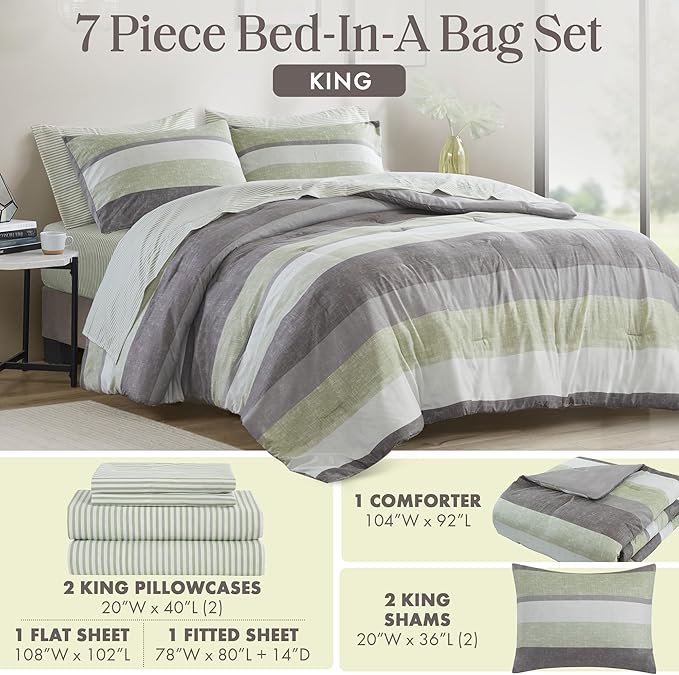 Madison Park Essentials Jaxon King Comforter Set, Bed in A Bag Comforter & Sheet Set, Modern Casual Stripes Print, All Seasons, Soft Bedding Makeover, Matching Sham, King Green/Grey 7 Piece
