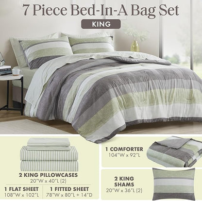 Madison Park Essentials Jaxon King Comforter Set, Bed in A Bag Comforter & Sheet Set, Modern Casual Stripes Print, All Seasons, Soft Bedding Makeover, Matching Sham, King Green/Grey 7 Piece
