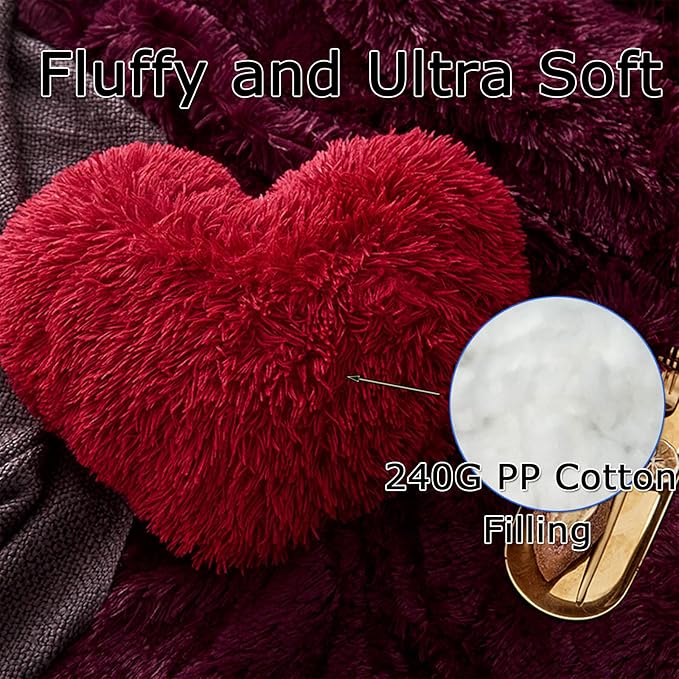 MorroMorn Fluffy Heart Throw Pillows, Shaggy Decorative Pillow for Sofa Couch Bed, Cute Room Decor Decorations for Women Girls Kids (Dark Red)