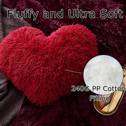 MorroMorn Fluffy Heart Throw Pillows, Shaggy Decorative Pillow for Sofa Couch Bed, Cute Room Decor Decorations for Women Girls Kids (Dark Red)
