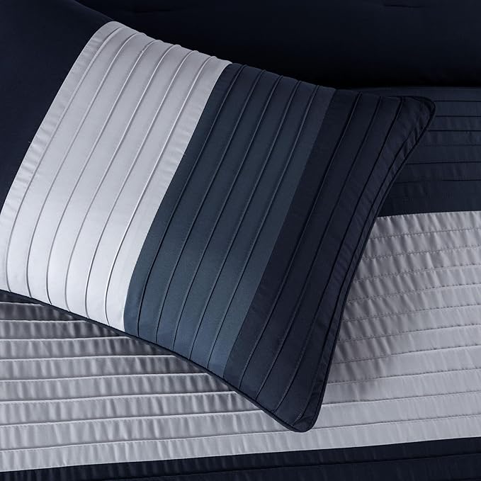 Chezmoi Collection Briar 7-Piece Queen Bed in a Bag - All Season Lightweight Microfiber Comforter Set - Includes Sheets & Shams - Navy/Blue/Gray Pleated Stripe Design