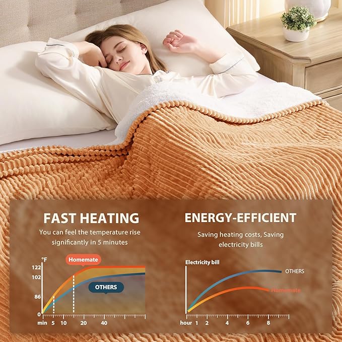 Homemate Electric Heated Blanket King Size - 100"x90" Heating Blanket King Size Dual Control 1/2/4/6/8 Hours Auto-Off 10 Heat Level Over-Heat Protection Soft Flannel Sherpa ETL Certification