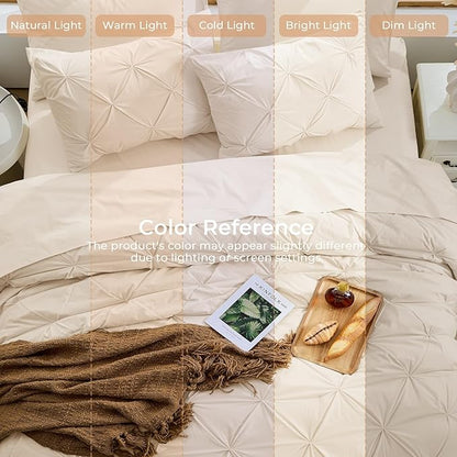 Sasttie Full Size Comforter Set, 7-Piece Bed in a Bag Double, Pintuck Bedding Set for All Season, Includes Comforter, Flat Sheet, Fitted Sheet, Pillowcases and Pillowshams, Warm Beige