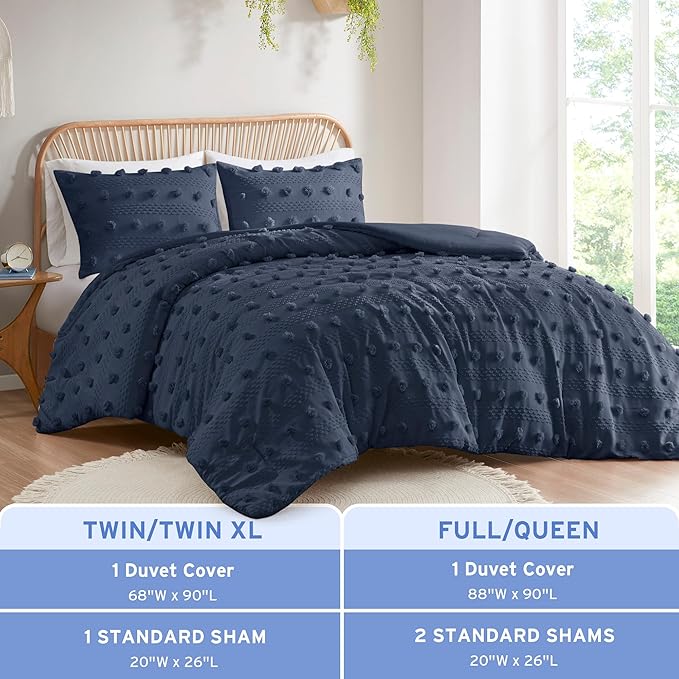 Intelligent Design Queen Duvet Cover Set, Clipped Jacquard Duvet Set Chic Pompoms Accent, All Seasons Lightweight Microfiber Bed Cover for Comforter with 2 Shams, Lucy, Full/Queen Navy 3 Piece