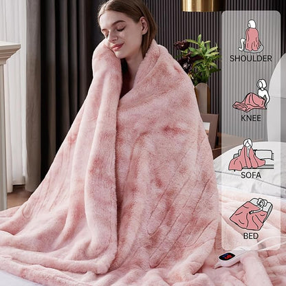 Guohaoi Heated Blanket Electric Throw, Soft Faux Rabbit Fur Electric Blanket with 10 Heating Levels 5 Sitting Timer Auto Off, Cozy Warm Heating Blankets, Machine Washable(72"×84" Pink)