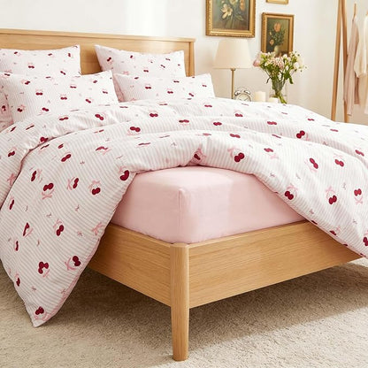 Nayoroom Pink Striped Bow Comforter Set Queen Size Red Cherry Comforter 3 Pieces Soft Lightweight Girls Cute Aesthetic Dorm Bedding Set for All Seasons