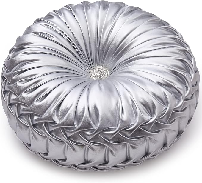 EUCIOR Round Throw Pillows,Pumpkin Pleated Handmade Metallic Throw Pillows,Silver Pillows,Modern Leather Decorative Pillowcases for Home Decor Bedroom Living Room Couch Bed Sofa (Silver)