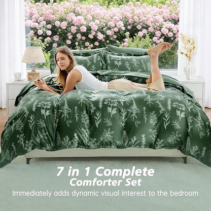 MUXHOMO Dark Green King Comforter Set, Elegant Floral Print Bed in a Bag 7 Pieces, Ultra Soft & Breathable Reversible Botanical Pattern Bedding Set with Comforter, Sheets, Pillowcases, and Shams
