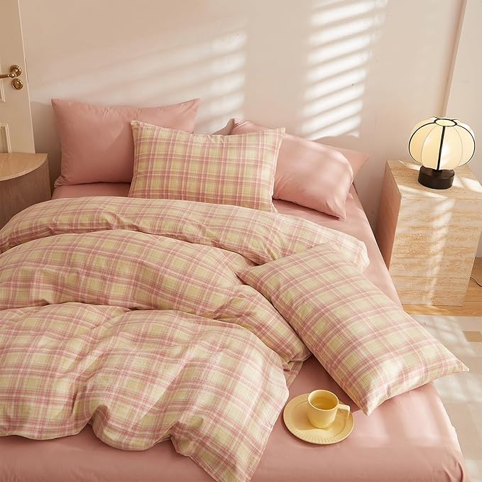 HighBuy Blush Gingham Queen Comforter Set Modern Style Checkered Pattern Comforter Boho Plaid Comforter Set Fluffy Queen Comforter Set for Men Women,1 Geometric Comforter with 2 Pillow Shams