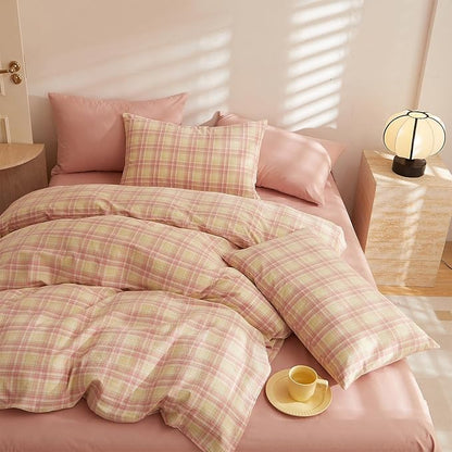 HighBuy Blush Gingham Queen Comforter Set Modern Style Checkered Pattern Comforter Boho Plaid Comforter Set Fluffy Queen Comforter Set for Men Women,1 Geometric Comforter with 2 Pillow Shams