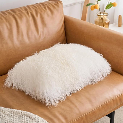 Genuine Mongolian Lamb Fur Pillow Cover – 12"x20" Rectangular Cushion Case – Soft Curly Wool Decorative Accent for Sofa, Bed, or Chair (Natural White)