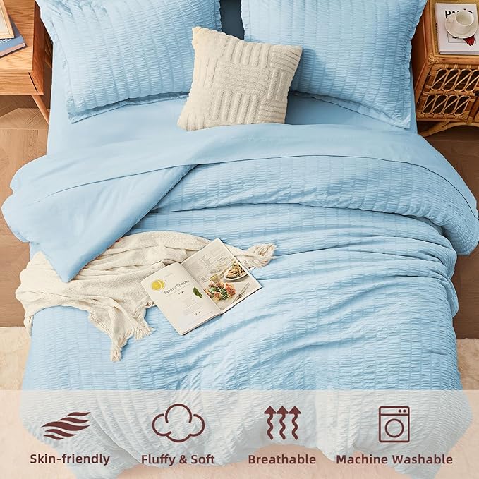 FUANNA Queen Comforter Set 7 Pieces, Luxury Seersucker Bed in a Bag Queen Size for All Seasons, Soft Bedding Set with Comforter, Flat Sheet, Fitted Sheet, Pillowcases & Shams for Bedroom, Light Blue