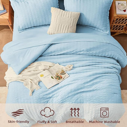 FUANNA Queen Comforter Set 7 Pieces, Luxury Seersucker Bed in a Bag Queen Size for All Seasons, Soft Bedding Set with Comforter, Flat Sheet, Fitted Sheet, Pillowcases & Shams for Bedroom, Light Blue
