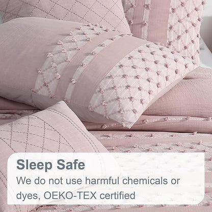 Swift Home Layla 100% Cotton Washed Clip Jacquard Gauze 5-Piece Bedding Comforter Set, All Season & Breathable, Oeko-TEX Certified – Hushed Blush, King