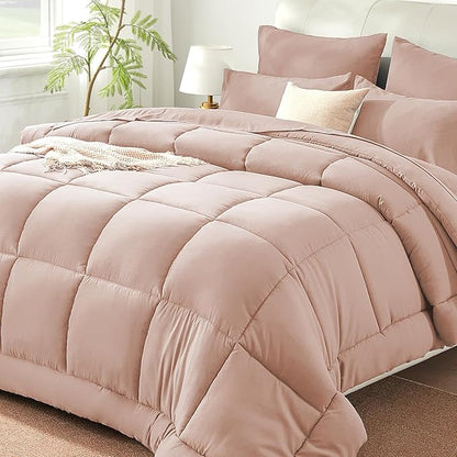 Sunstyle Home Pink Full/Queen Comforter Set - 7 Pieces Bed in a Bag, Lightweight Goose down Alternative Bedding Sets with All Season Box Stitched Comforter, 1 Flat Sheet, 1 Fitted Sheet, 4 Pillowcases