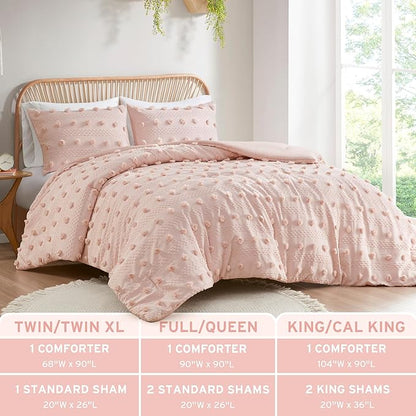 Intelligent Design King Comforter Set, Clipped Jacquard Comforter Set Chic Pompoms Accent, All Seasons Lightweight & Fluffy Comforter Bed Set with 2 Shams, Lucy, King/Cal King Pink 3 Piece