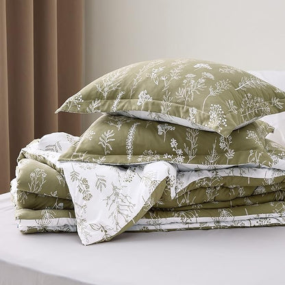 Bedsure King Comforter Set - Olive Green Bed Set, 3 Pieces Cute Floral Bedding, 1 Soft Reversible Botanical Flowers Comforter and 2 Pillow Shams