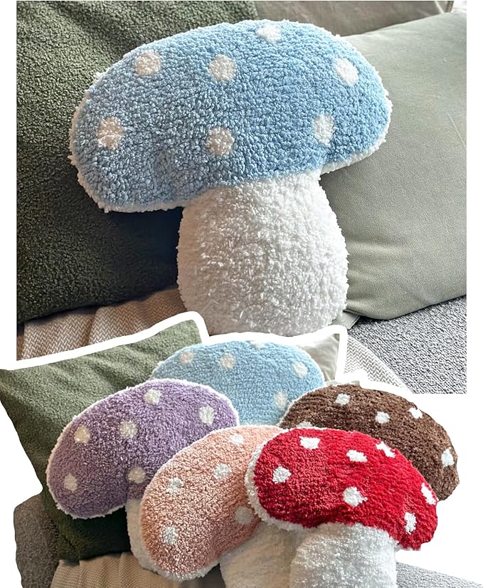 Mushroom Throw Pillow Tufted Decorative Cushion 15” x 15” – Decor for Bed, Couch, Living Room (Blue)