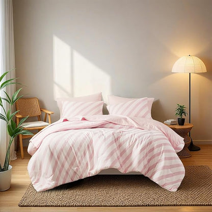 Reversible Striped Queen Comforter Set, Soft Microfiber Bedding Set with Double-Sided Stripes Design, Warm & Cozy for All-Seasons, 3-Piece Comforter and Shams Set Queen Size, Blush