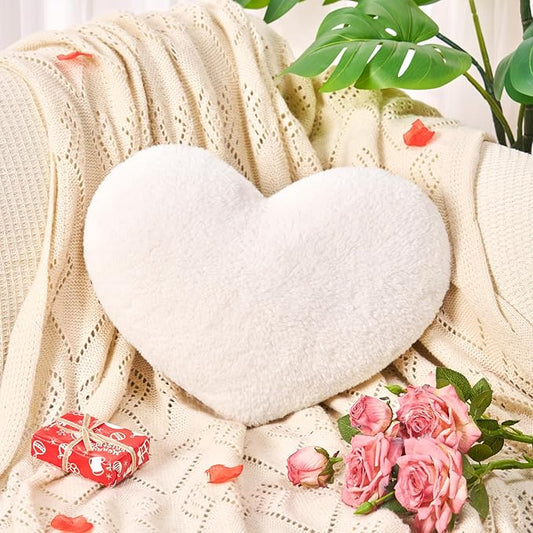 White Heart Pillow Decorative Throw Pillows, Fuzzy Heart Shaped Pillow for Bed Couch Chair, Plush Cute Love Pillow Cushion for Room Decor, Valentines Day, 15" x 13"