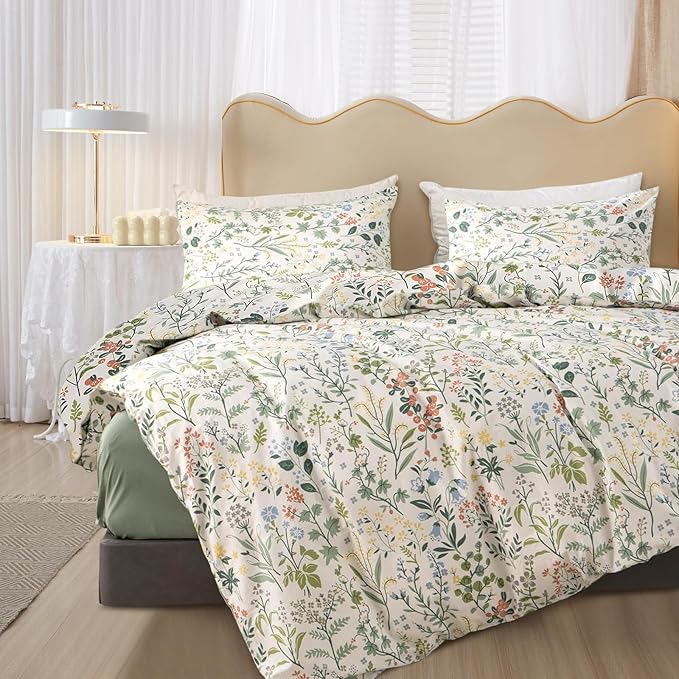 mixinni Fresh Soft Aesthetic Green Floral Comforter Set Queen Size, Boho Cottagecore Wildflowers Leaves Bedding Set, 1 Shabby Chic Comforter and 2 Pillowcases for All Seasons-Queen Size