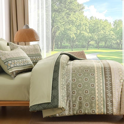Boho Comforter Set Queen Size,7 Pieces Sage Green Bedding Set Bed in a Bag,Paisley Floral Comfortet and Sheet Set,Soft Striped Bohemian Comforter with Sheet for All Season
