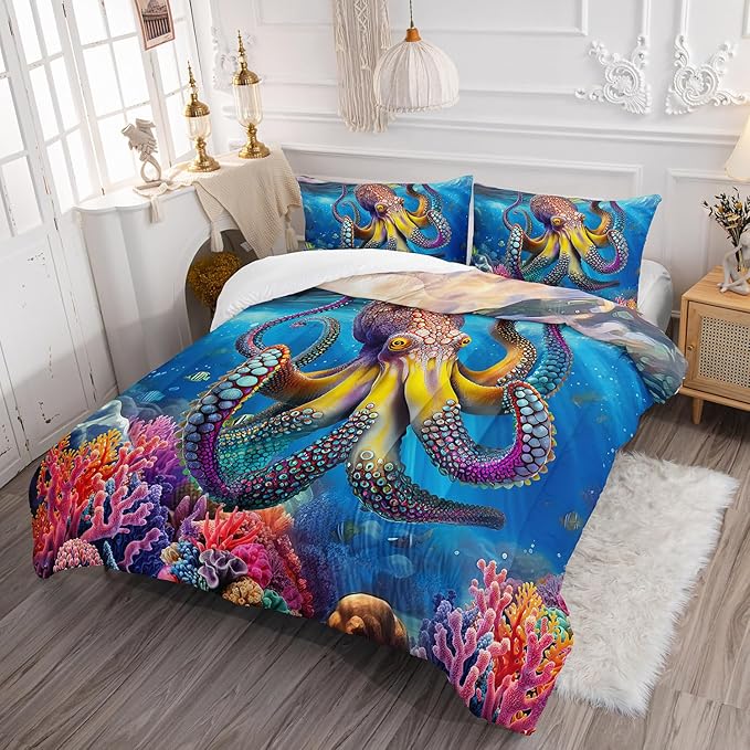 3D Octopus Comforter Set Full Size 3Pcs Nautical Ocean Bedding Set Seaweed Quilt Bed Set for Boys Girls with 1 Comforter and 2 Pillowcases