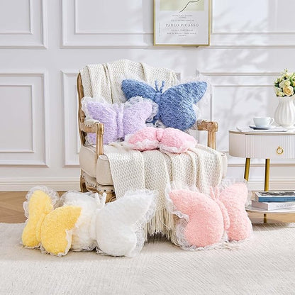 Butterfly Pillow Yellow Decorative Pillows 20" Butterfly Shaped Cute Throw Pillows with Lace Aesthetic Bow Plush Cushion for Room Decor Bed Sofa Couch
