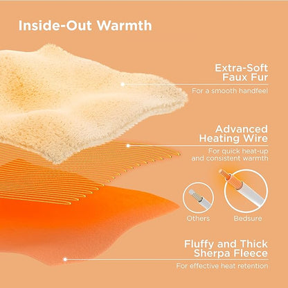 Bedsure Faux Fur Electric Blanket Queen Size, Dual Control Heated Blanket Queen, Fast Heating Blanket with 10 Heating Levels & 10 Time Settings, Cozy Gifts for Women Men (84x90 inches, Denim Blue)