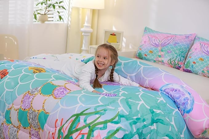 Erosebridal Mermaid Tail Comforter Set,Kids Fish Scales Down Comforter King,Girly Rainbow Bedding Set Ocean Life Sea Animal Quilted Duvet Teal Sequins Pastel Pink Paillette Bedroom Decor,Multicolor