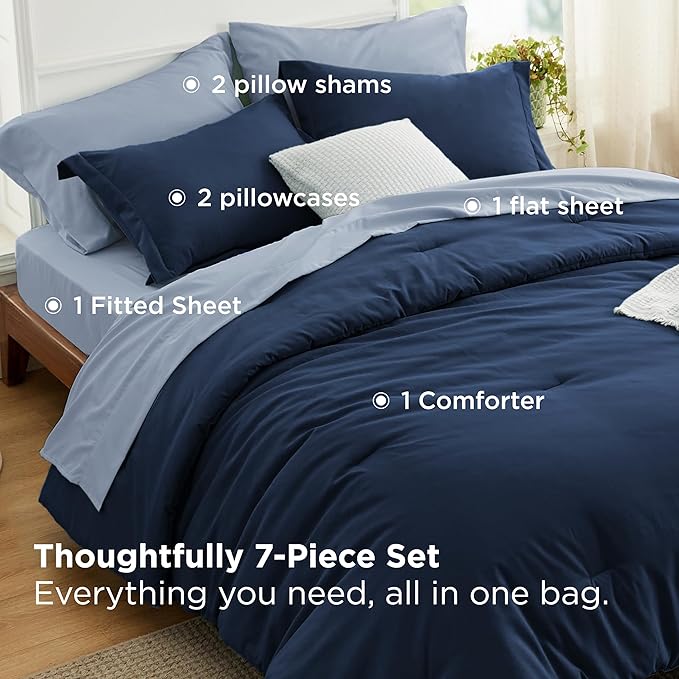 Bedsure Twin Comforter Set - 5 Pieces Navy Twin Bedding Set for All Seasons, Boho Contrasting Design Bed in a Bag with Comforter, Sheets, Pillowcase & Sham