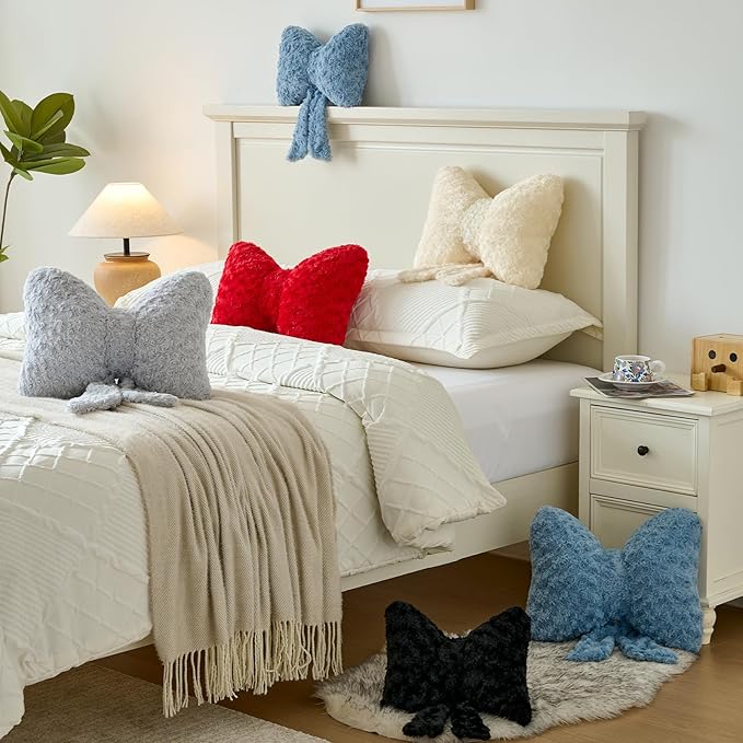 Bow Pillow, Decorative Bow Pillows with Soft Plush for Couch Bed, Bow Shaped Throw Pillow Room Decor for Bedroom, Bow Decorative Pillow for Living Room (Grey, Small-12 Inches)