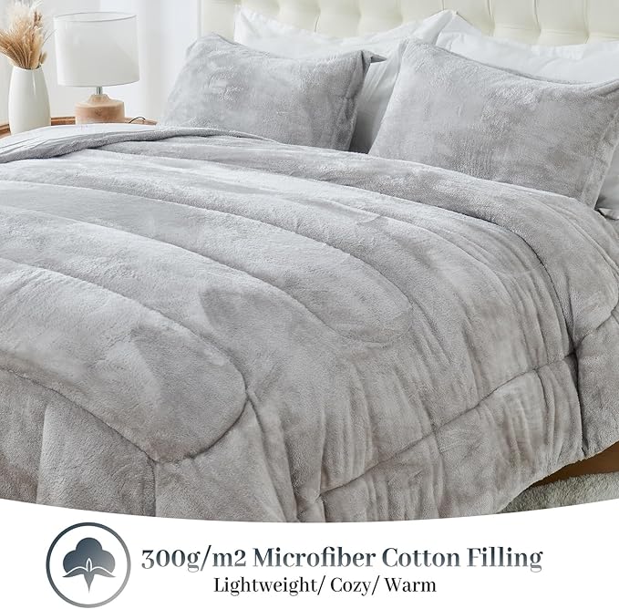 YIYEA Faux Fur Comforter Set Queen Size with Fitted Sheet, Luxury Ultra Soft Fuzzy Comforter, Fluffy Plush Velvet Bedding Comforter Sets for Fall Winter, Cozy Warmth, No Shedding, 4PC, Grey