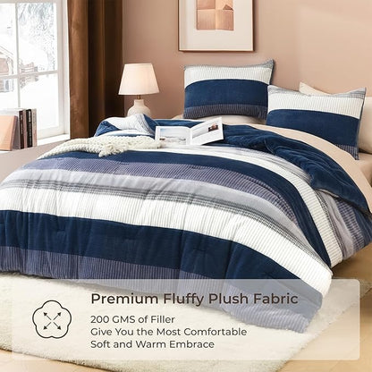 Litanika Fluffy Fleece King Size Comforter Set, Luxury Soft Plush Fuzzy Mineral Blue Stripe Bedding Comforter Sets, Warm Shaggy Faux Fur Bed Set All Season (1 Comforter, 2 Pillowcases)