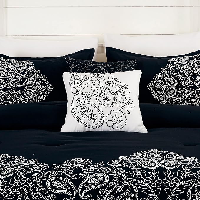 Chezmoi Collection Linz 7-Piece Black/White Paisley Floral Scroll Embroidered Comforter Set, King
